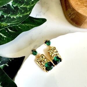 2/$30🌵 Green Stone Gold Organic Shape Earrings Rectangle Art Deco Vtg Style NEW